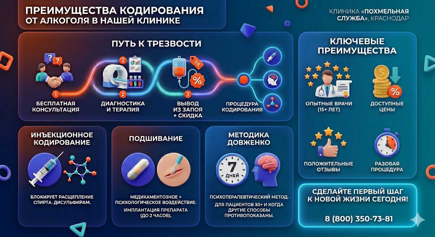Инфографика о методах кодирования от алкоголя в Нижней Салде: инъекции, подшивание, метод Довженко. Преимущества клиники и этапы лечения.
