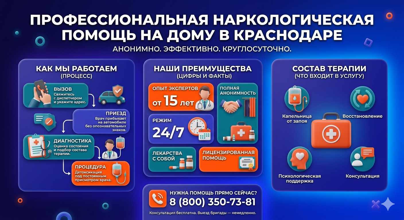 Инфографика о принципах лечения алкоголизма на дому в Нижней Салде: этапы вызова нарколога, преимущества анонимной детоксикации и состав медицинской помощи.